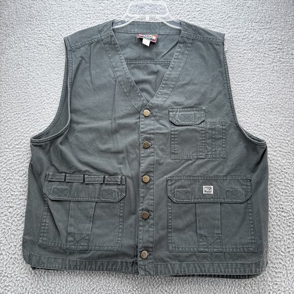 Vintage PB & Co Hunting Vest Mens Large Green Gray Button Up Hook & Loop Pockets - Picture 1 of 7